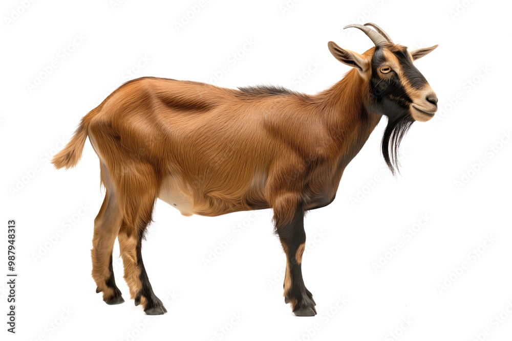 This is a close-up portrait of a majestic brown goat. The goat has dark facial features and curved horns against a transparent background.