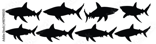 Shark silhouettes set, ocean pack of vector silhouette design, isolated background