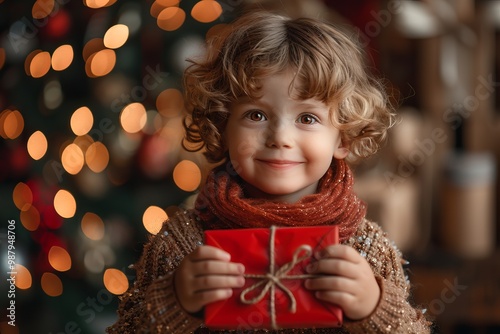 Smiling Little children Holding Christmas Gift by Decorated Tree with Festive blur background Lights