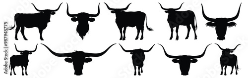Longhorn cow silhouette set vector design big pack of cow illustration and icon