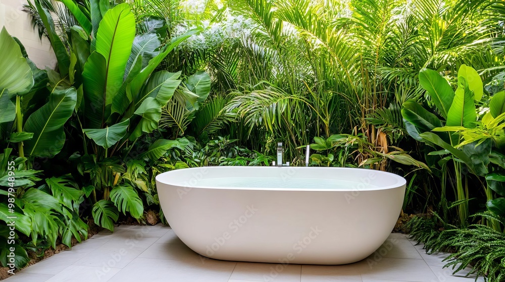 Tropical spa garden with a freestanding tub, surrounded by large palm leaves Tropical spa garden with a freestanding tub, surrounded by large palm leaves
