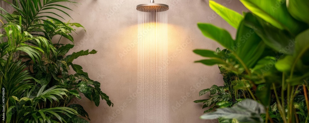Obraz premium Tropical spa garden with a bamboo rain shower, gentle lighting, and lush plants