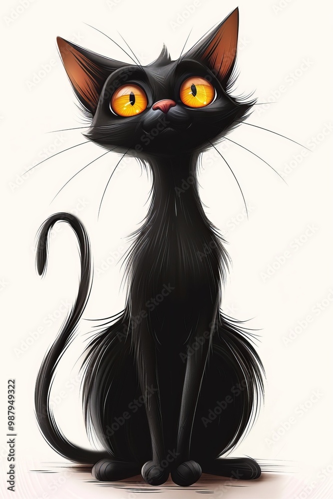 A cute illustration of a black cat with a long neck and large, glowing eyes. This cartoonish cat has a delicate, funny appearance, making it perfect for Halloween projects A cute illustration of a black cat with a long neck and large, glowing eyes. This cartoonish cat has a delicate, funny appearance, making it perfect for Halloween projects