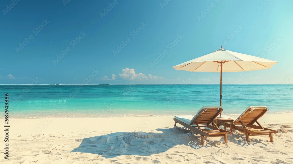 Two lounge chairs sit under an umbrella on a pristine beach. The perfect spot for relaxation. Two lounge chairs sit under an umbrella on a pristine beach. The perfect spot for relaxation.