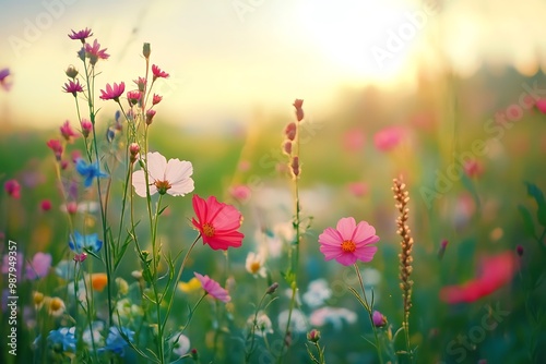 Beautiful colorful wildflowers blooming in a meadow at sunset