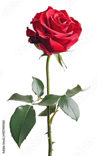 A single red rose with a green stem and leaves
