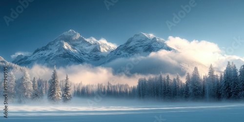 Breathtaking Snow-Covered Mountain Peaks and Frosty Forest in Winter Wonderland Image