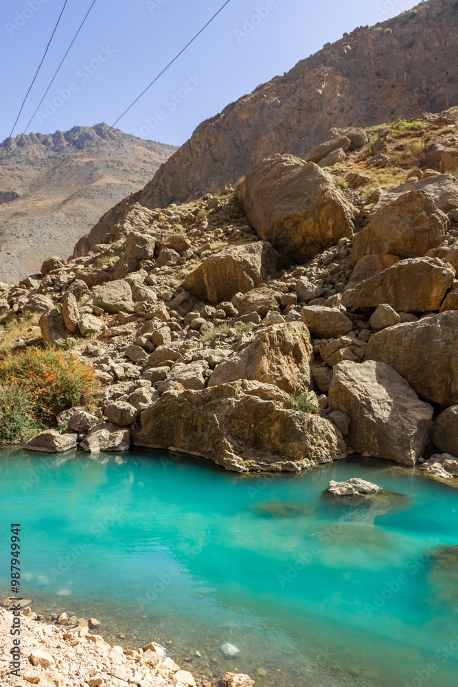 Naklejka premium Turquoise water of the Seven Lakes in the Fann Mountains, Tajikistan