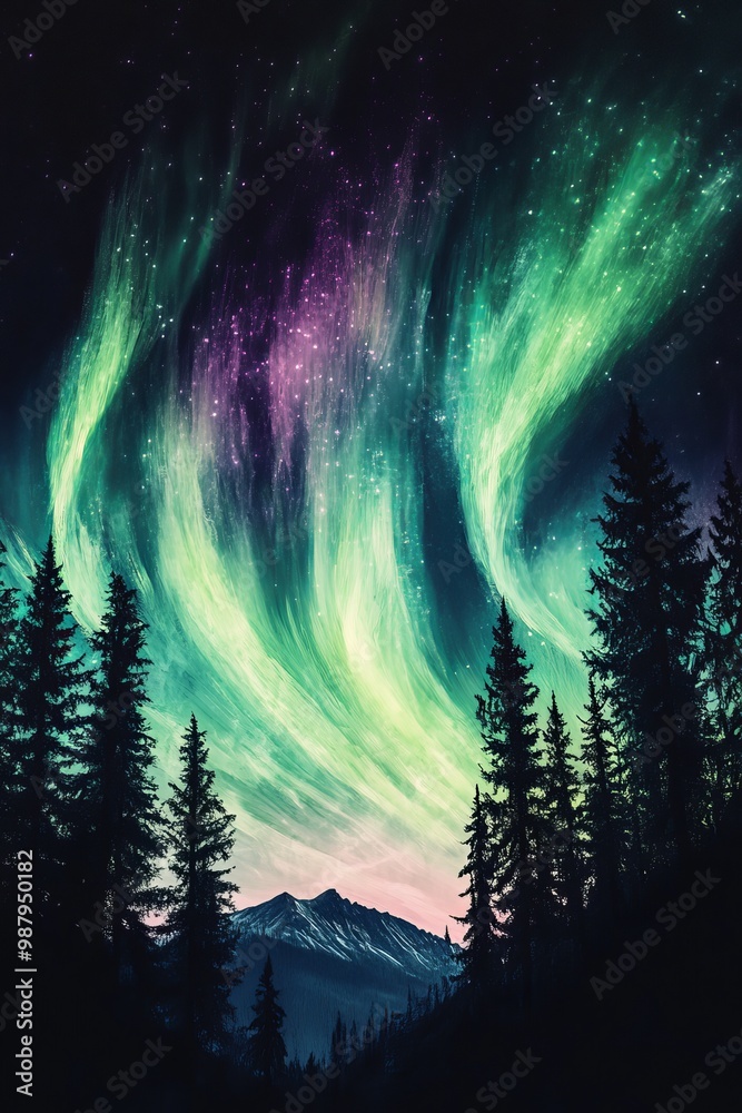 A night sky illuminated by the northern lights where the auroras are represented by soft flowing gradients of green and purple against a dark sky below a simple silhouette of a forest or mountain A night sky illuminated by the northern lights where the auroras are represented by soft flowing gradients of green and purple against a dark sky below a simple silhouette of a forest or mountain