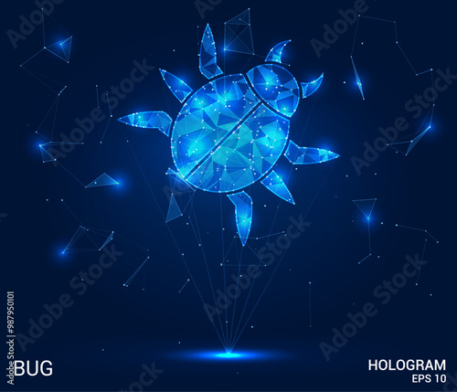 A hologram of a beetle. The bug consists of polygons, triangles of points and lines. Bugs are low-polygonal connection structure. Technology concept vector.
