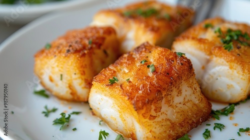 Close-up view of fried fish pieces on a white plate with selective focus.