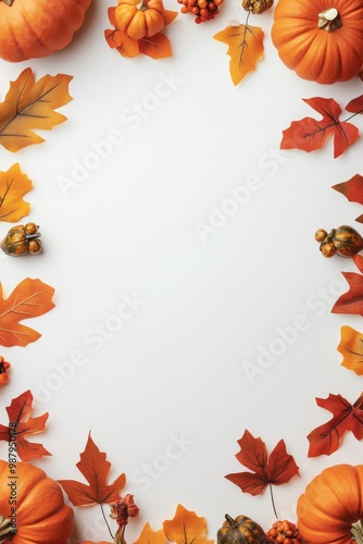 a photo of an autumn-themed frame with pumpkins and leaves on a white background presented in a flat lay style. 