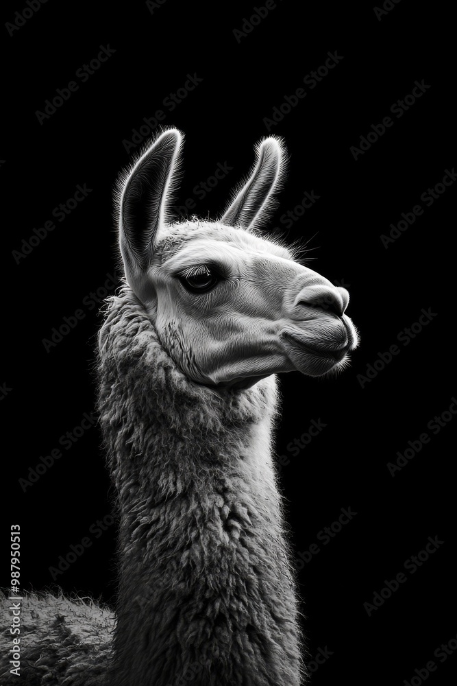 Obraz premium a realistic photo of a lama, black and white, black background, high contrast