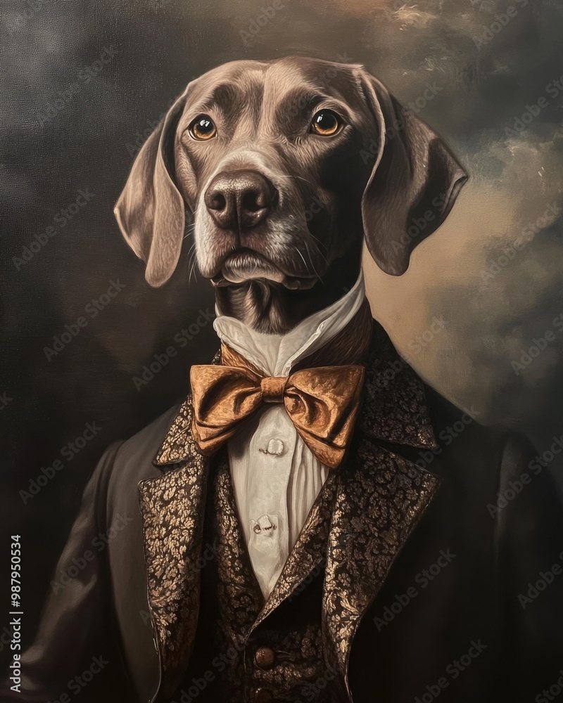 a renaissance painting of a regal dog wearing a suit. The painting is realistic and beautiful