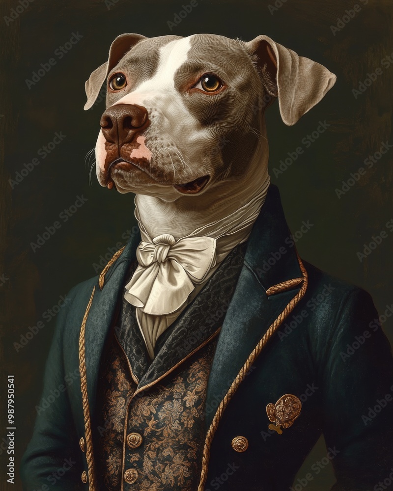 a renaissance painting of a regal dog wearing a suit. The painting is realistic and beautiful