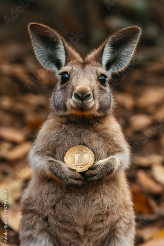 Kangaroo holding a coin, humorous depiction of finance, inflation, budgeting, savings, money concept