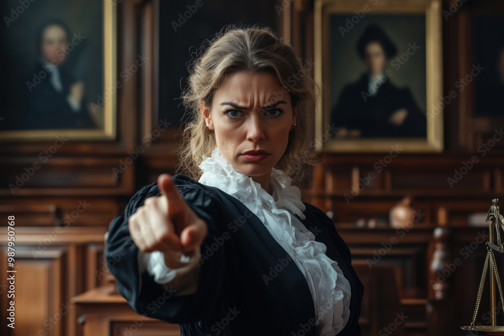 Female judge reaching a verdict to plead guilty by pointing finger with angry face, copy space on courtroom background Female judge reaching a verdict to plead guilty by pointing finger with angry face, copy space on courtroom background