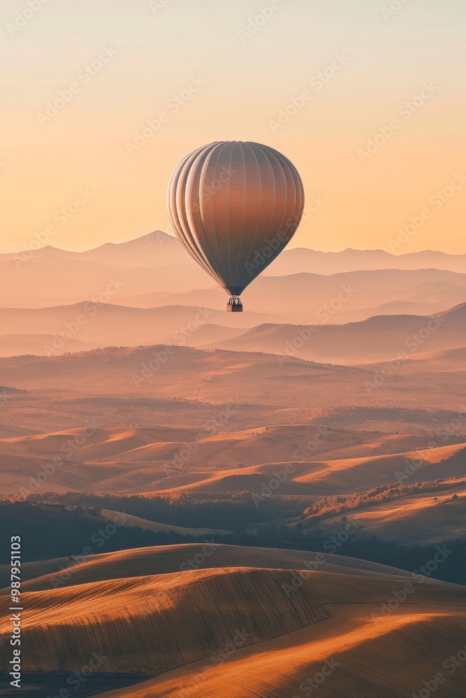 Fototapeta premium A single hot air balloon floating above rolling hills where the balloon and hills are created using large smooth shapes 