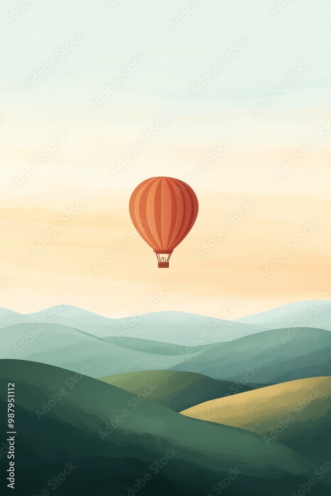 Fototapeta premium A single hot air balloon floating above rolling hills where the balloon and hills are created using large smooth shapes 