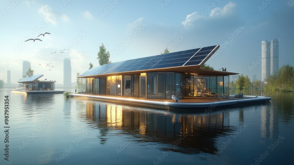 Creative Modern Floating House with Solar Panels on Tranquil Water in Cityscape Background. Creative Modern Floating House with Solar Panels on Tranquil Water in Cityscape Background.