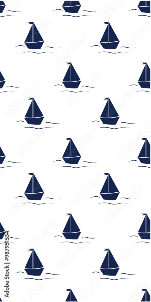 A repetitive pattern featuring small sailboats on waves against a white background, suitable for fabric or wallpaper design. A repetitive pattern featuring small sailboats on waves against a white background, suitable for fabric or wallpaper design.