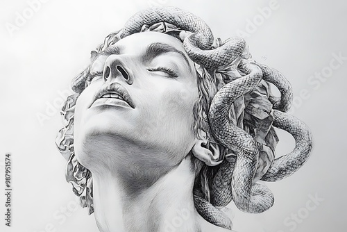 Elegant Portrait of a Woman with Snakes Instead of Hair in a Sculptural Design. photo