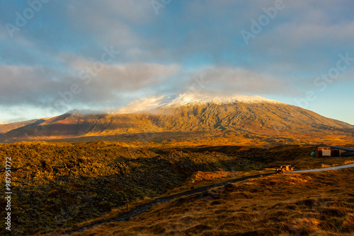 Amazing landscape of the Snaefellsjokull Mountain in winter at sunset,  Iceland photo