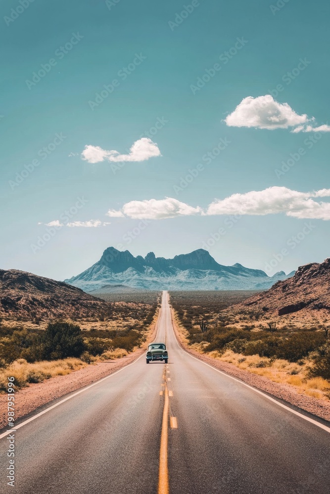 An open road stretching through a vast desert with a classic car driving towards distant mountains the landscape is rich with earthy tones and the sky is a brilliant blue with a few scattered clouds An open road stretching through a vast desert with a classic car driving towards distant mountains the landscape is rich with earthy tones and the sky is a brilliant blue with a few scattered clouds