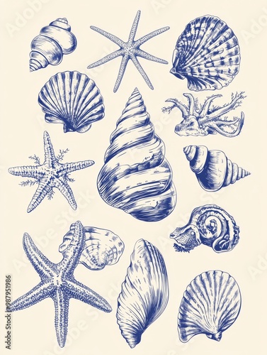 An illustration of various seashells and starfish drawn in blue ink on beige paper