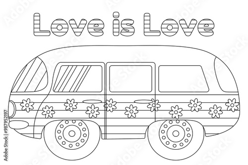 Black and white illustration of a flower-decorated van with Love is Love text. Great for LGBTQ plus themed coloring books.