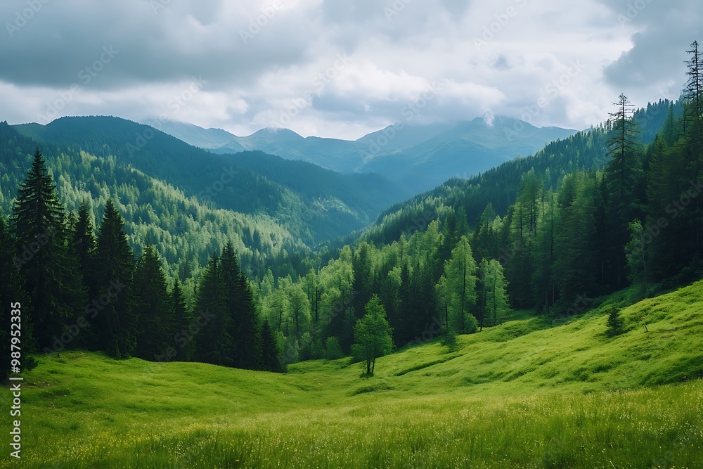Green valley landscape with lush meadows, misty mountains and cloudy sky Green valley landscape with lush meadows, misty mountains and cloudy sky