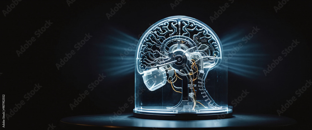 Illustrative representation of a technical and artificial human head and brain, artificial intelligence and machine learning Illustrative representation of a technical and artificial human head and brain, artificial intelligence and machine learning