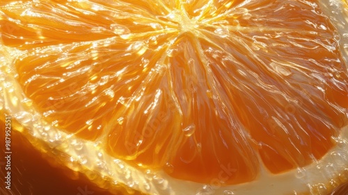 Close-up of a vibrant orange slice, highlighting its juicy segments and bright texture, perfect for refreshing food or drink imagery.