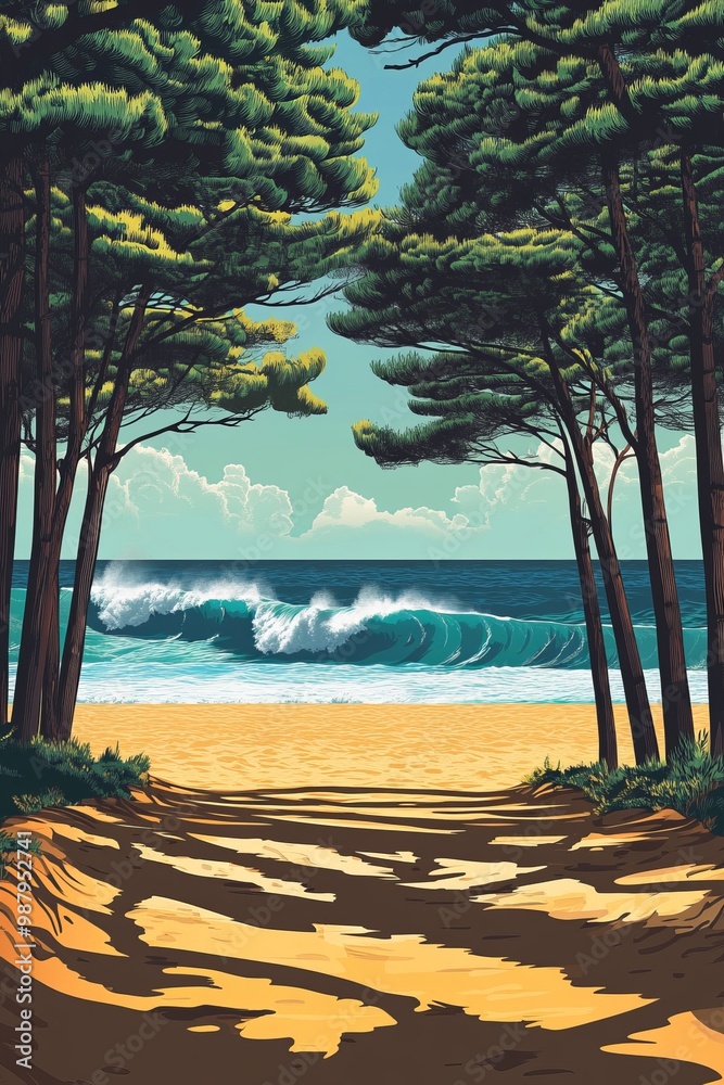 Poster in a retro vector style a long beach seen from the ground under pine trees the sea behind with big waves hossegor in france