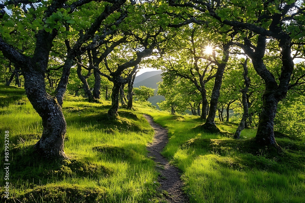 Fototapeta premium Sunlit Path Through Lush Green Forest, Nature Photography
