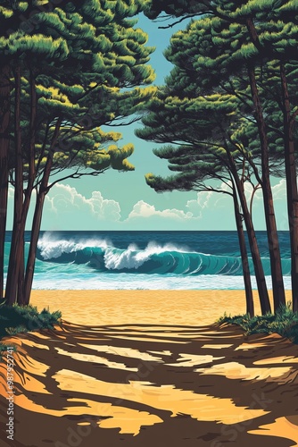 Obraz na płótnie Poster in a retro vector style a long beach seen from the ground under pine trees the sea behind with big waves hossegor in france w salonie
