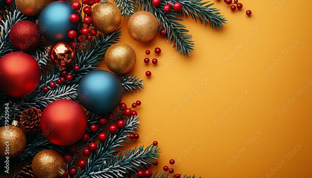 Vibrant Christmas Tree with Multicolored Lights and Baubles on Soft Yellow Background copy space for text Vibrant Christmas Tree with Multicolored Lights and Baubles on Soft Yellow Background copy space for text