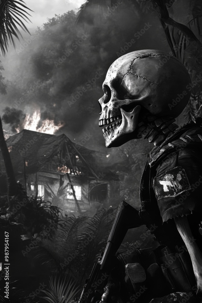 Naklejka premium head skeleton soldier in the jungle, house burning in back ground, cartoon, black and white illustration