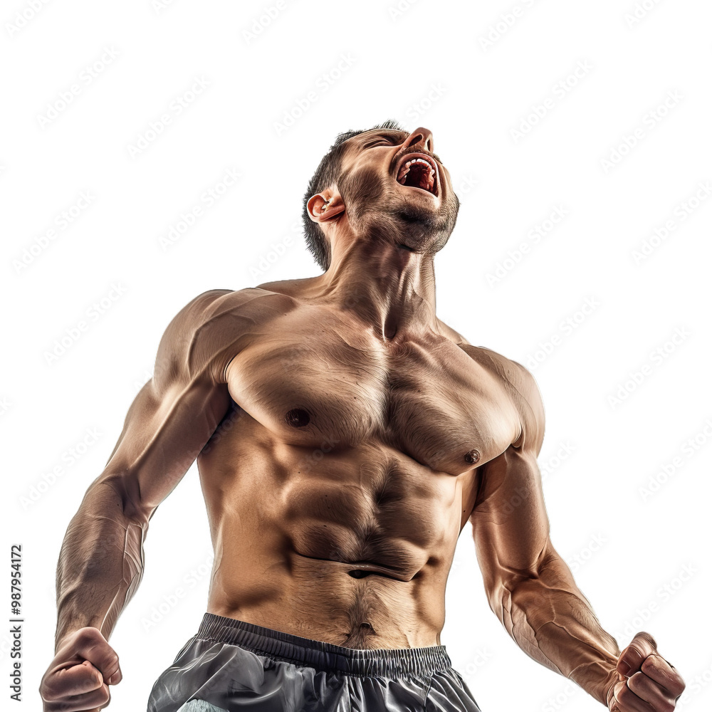 Athletic man with perfect muscular body is screaming with his head up on white background Athletic man with perfect muscular body is screaming with his head up on white background