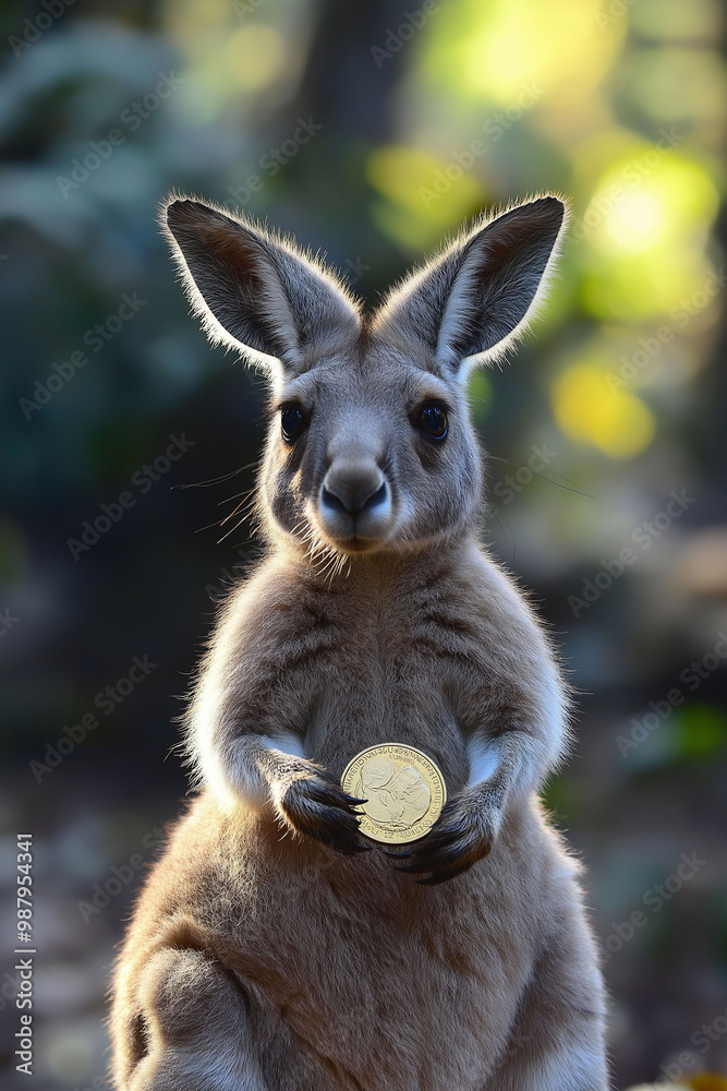 Kangaroo holding a coin, symbolizing Money, Inflation, Budgeting, Finance, Savings concept Kangaroo holding a coin, symbolizing Money, Inflation, Budgeting, Finance, Savings concept