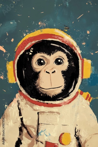 A simple painting of a monkey with astronaut tenue in space, in vector art shape, minimalistic, cute and funny photo