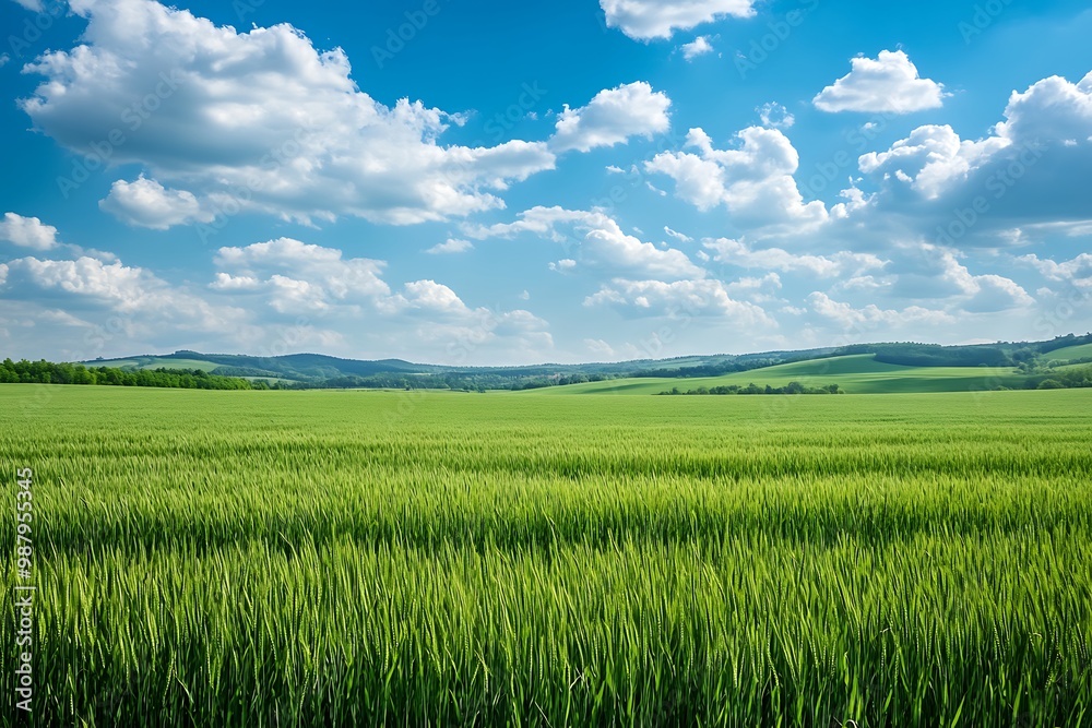Fototapeta premium Green grass field under a blue sky with white clouds