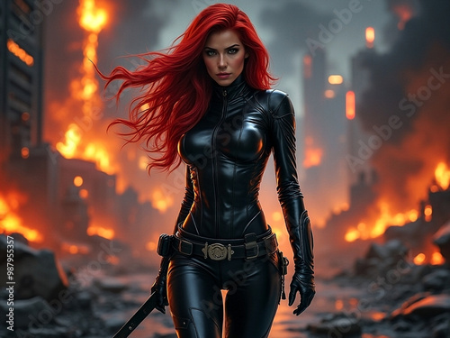 Beautiful female redhead superhero walking through a city on fire