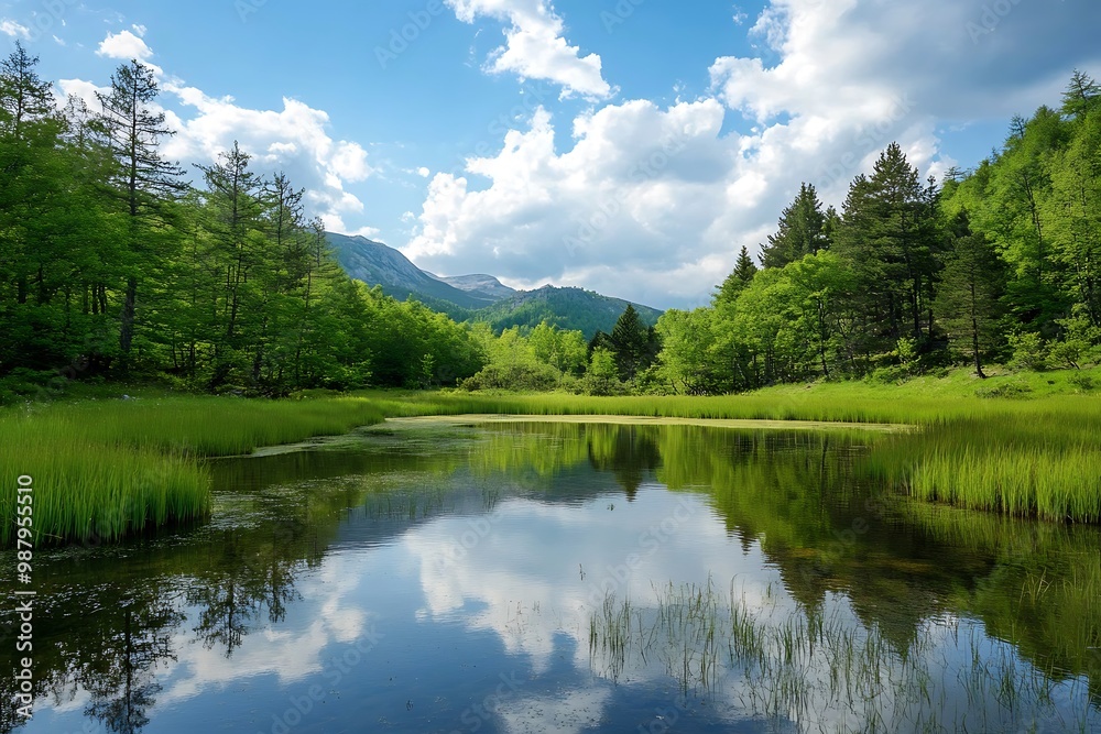 Serene landscape with a still lake surrounded by green trees and mountains under a blue sky with white clouds Serene landscape with a still lake surrounded by green trees and mountains under a blue sky with white clouds