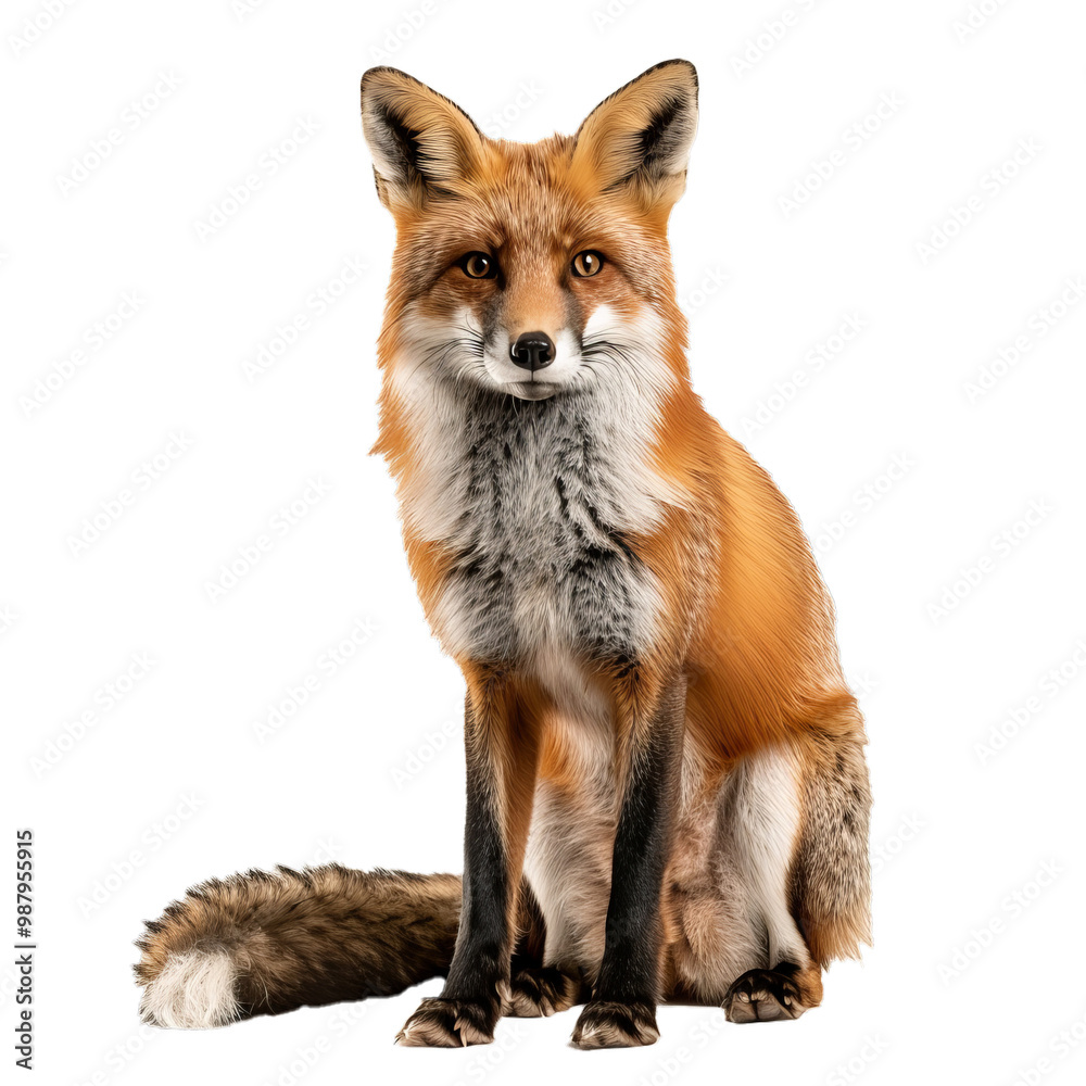 Fototapeta premium Red fox, vulpes vulpes, sitting and looking at camera isolated on white background