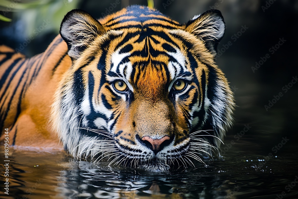 Close up portrait of a majestic tiger with intense gaze in water Close up portrait of a majestic tiger with intense gaze in water