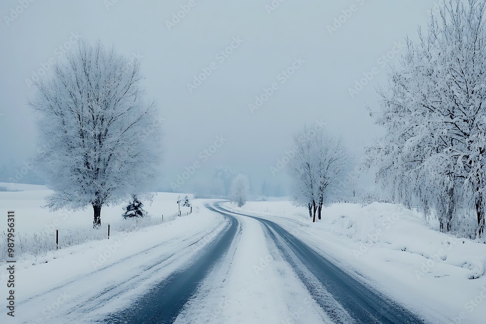 Empty Road Through Snowy Winter Landscape Empty Road Through Snowy Winter Landscape