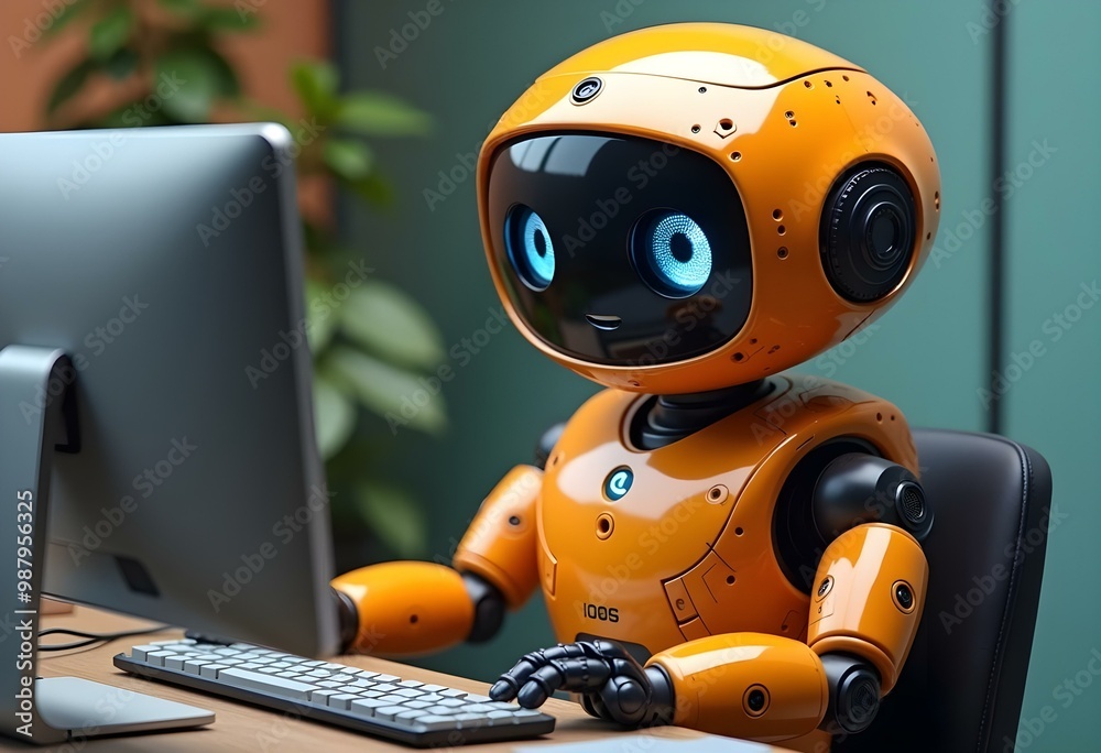 An orange robot with large expressive eyes and a friendly expression, sitting at a computer and working on a task An orange robot with large expressive eyes and a friendly expression, sitting at a computer and working on a task