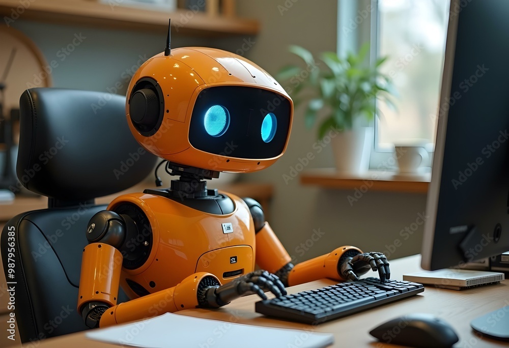 An orange robot with large expressive eyes and a friendly expression, sitting at a computer and working on a task An orange robot with large expressive eyes and a friendly expression, sitting at a computer and working on a task
