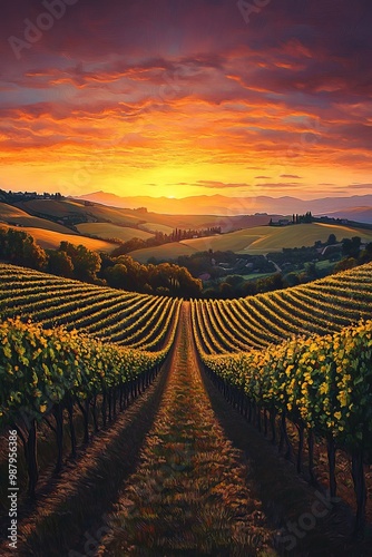 Illustration of Rolling hills covered with stylized rows of vineyards leading the eye towards a warm glowing sunset 